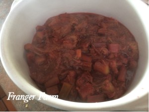 Transfer your cooked Rhubarb to a pie dish.